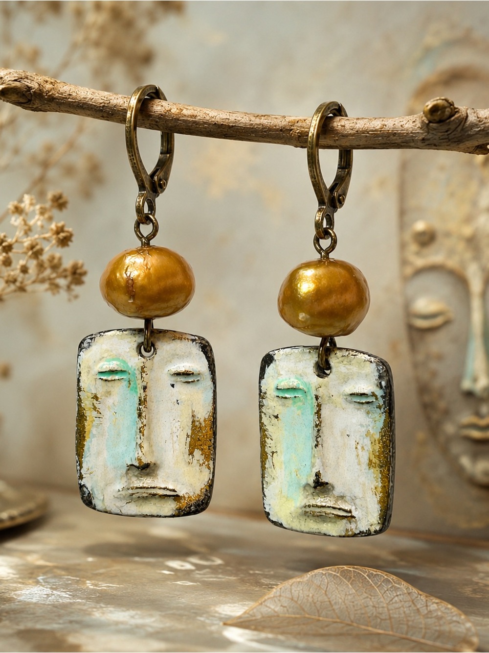 Artisan Face Earrings Freshwater Pearl Bronze Dangles Handmade Statement Jewelry - Picture 2 of 10